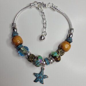 NWT Pandora Style European Charm Bracelet XL Copper Patina, Wood, Stars SW Style